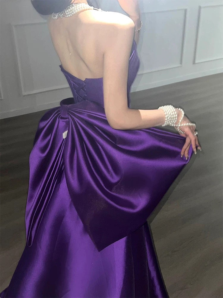 Robe de bal bustier violette avec nœud en satin, tenue de soirée formelle J7097