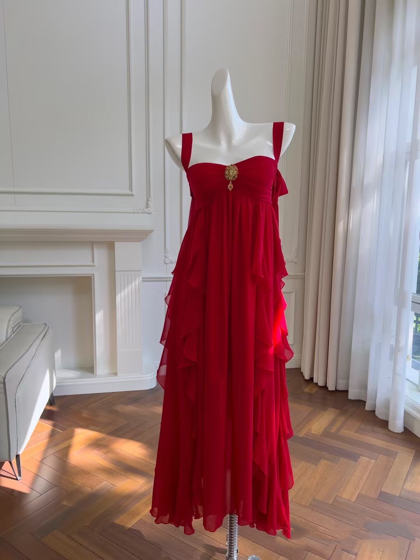 Robe de bal longue rouge trapèze à volants en mousseline de soie, tenue de soirée formelle J8050