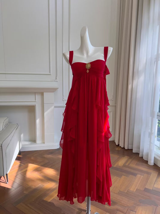 Robe de bal longue rouge trapèze à volants en mousseline de soie, tenue de soirée formelle J8050