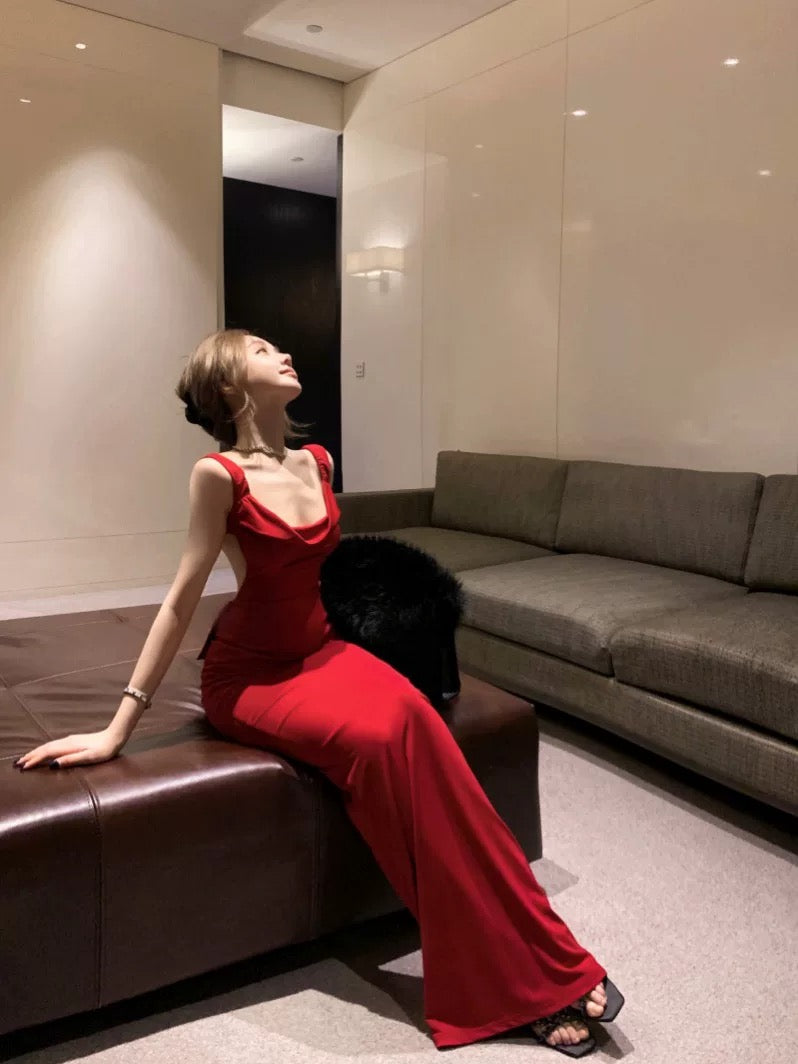 Robe d'anniversaire rouge dos nu, robe longue sexy J7302