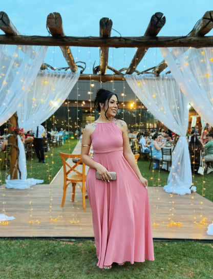 Robe de demoiselle d'honneur rose coupe A pour invitée de mariage J7792