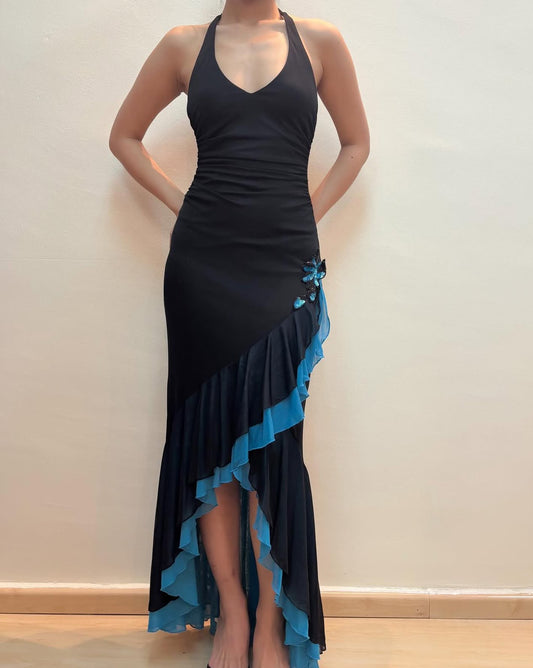 Halter Mermaid Ruffle Prom Dress Vintage Black Evening Gown J8549