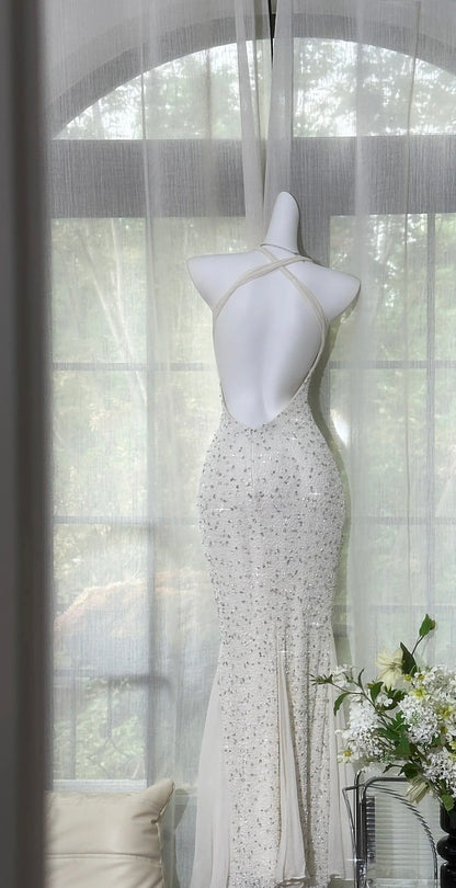 Backless Sequin Long Prom Dress Ivory Sexy Evening Dress J8833