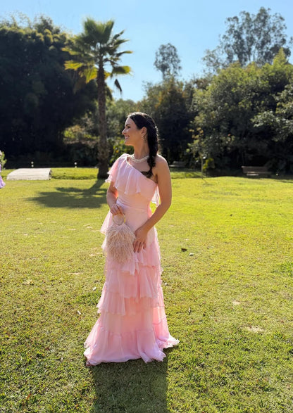 One Shoulder Pink A Line Long Prom Dress Tiered Graduation Dress J8025