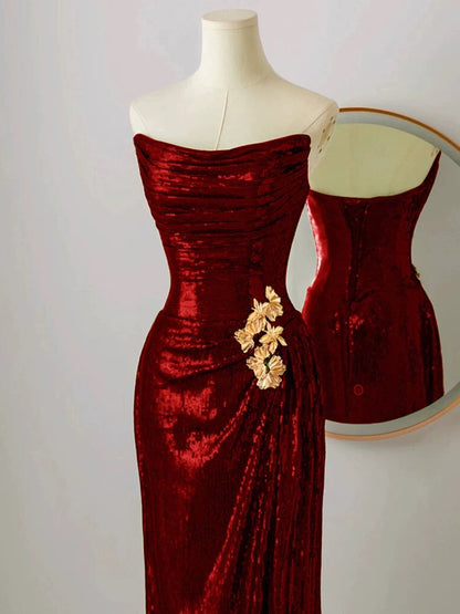 Trägerloses Pailletten-Burgunderrot-Ballkleid Formales Abendkleid J7098