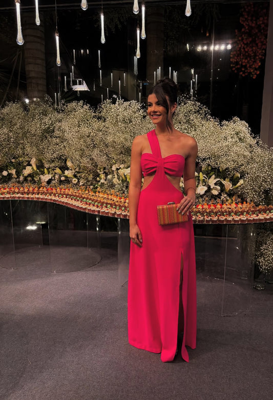 Robe de bal rose vif asymétrique en mousseline de soie, robe d'invitée de mariage J7765