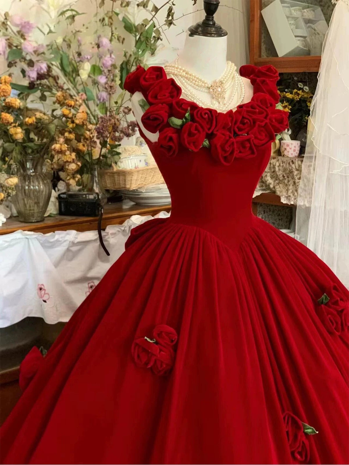 A Line Red 3d Flower Birthday Ball Gown Sweet 16 Birthday Dress J7721