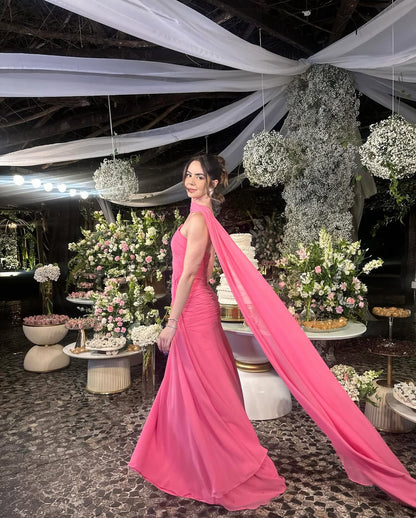 Strapless Pink Chiffon Long Prom Dress Elegant Graduation Dress Wedding Guest Dress J8055