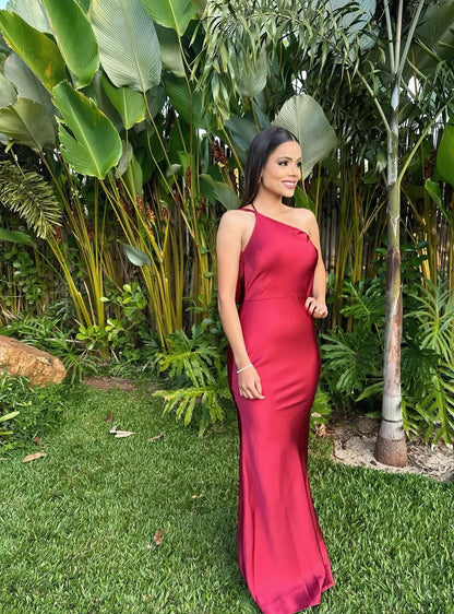 Robe fourreau rouge asymétrique pour invité de mariage, robe de soirée formelle J7149