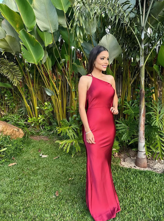 Robe fourreau rouge asymétrique pour invité de mariage, robe de soirée formelle J7149