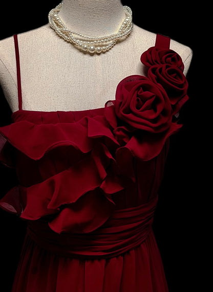 Robe de soirée rouge en mousseline de soie, coupe trapèze, tenue d'invitée de mariage, J7317