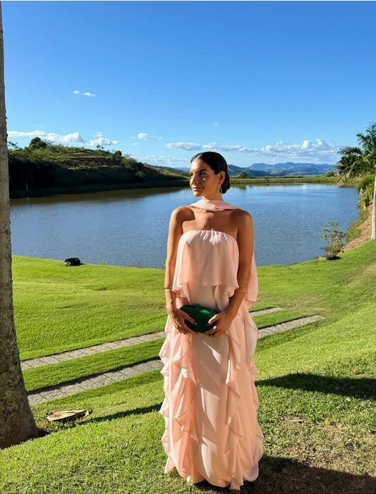 Strapless Pink Ruffle Prom Dress Chiffon Wedding Guest Dress J7022