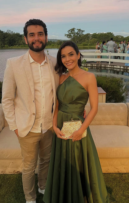 Robe de bal longue verte trapèze, robe de soirée formelle pour invité de mariage J8021
