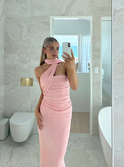 Robe de bal en mousseline rose dos nu, robe de demoiselle d'honneur, robe d'invitée de mariage J7088