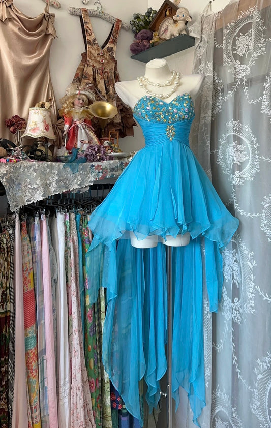 Sweetheart Blue A Line High Low Prom Dress Beaded Evening Dress J8832