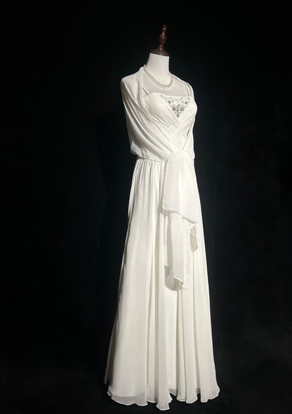 Spaghettiträger Weißes A-Linien-Abendkleid mit Perlenbesatz Langes Ballkleid J7994
