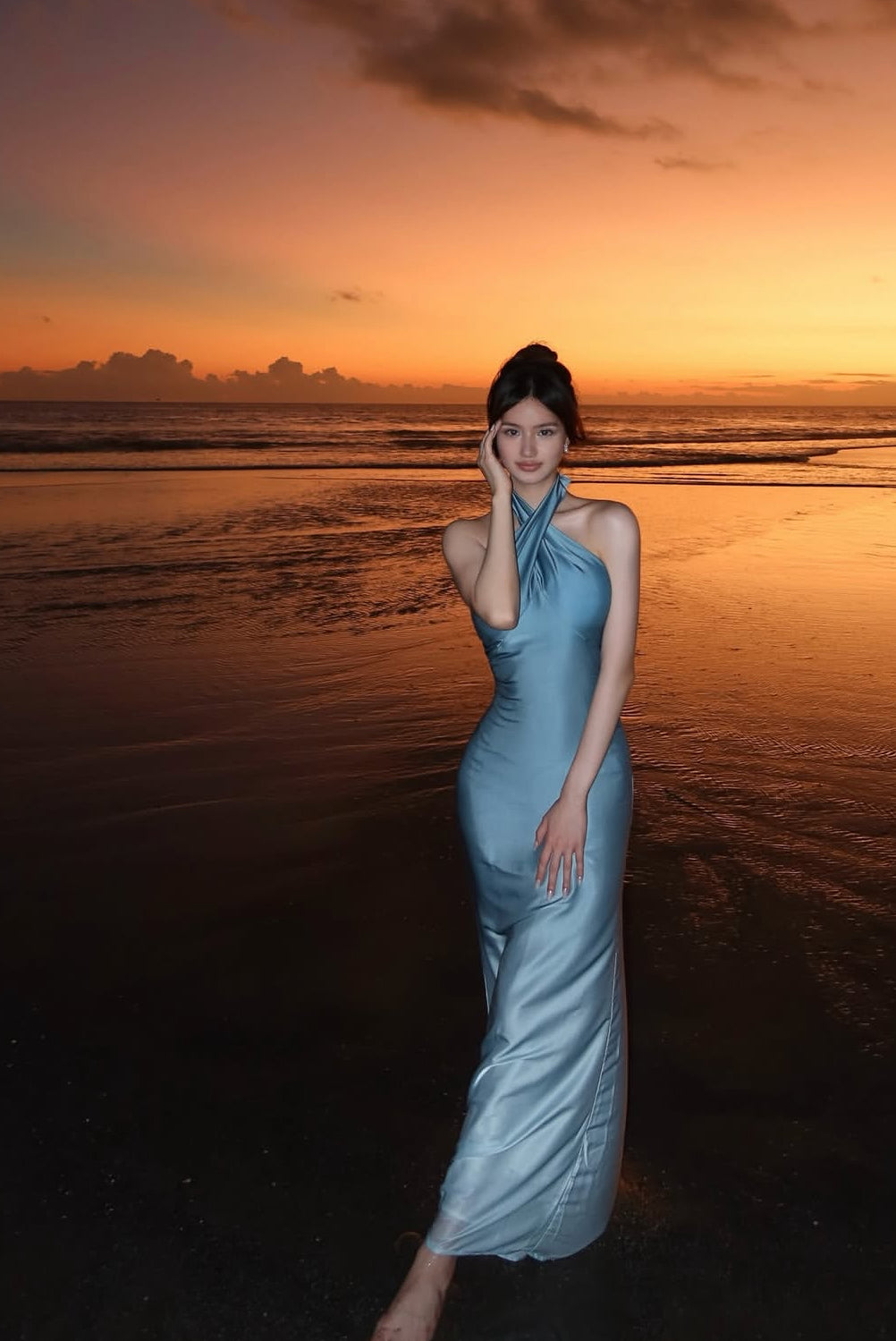 Halter Blue Sheath Satin Maxi Dress Sexy Birthday Dress J8002