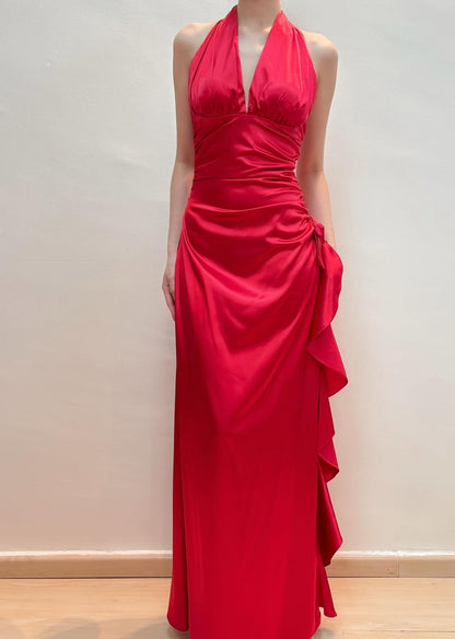 Halter Red Long Prom Dress Satin Ruffle Evening Dress J8551
