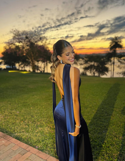 Robe de bal sirène en satin bleu marine, robe de soirée pour invité de mariage J7778