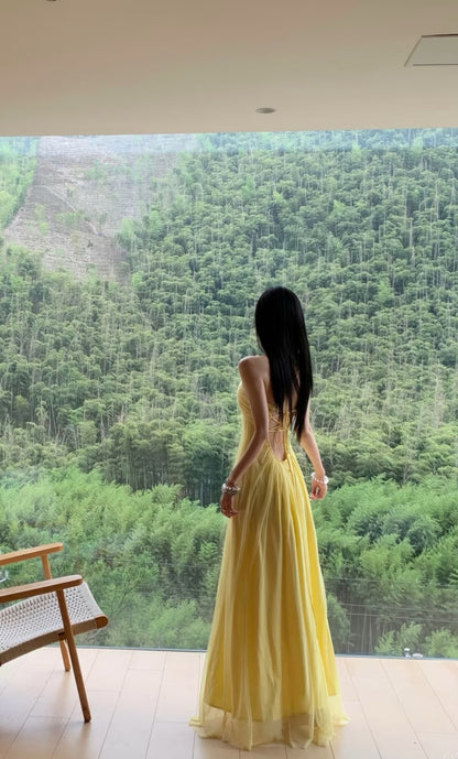 Halter A Line Yellow Wedding Guest Dress Chiffon Summer Dress J7254