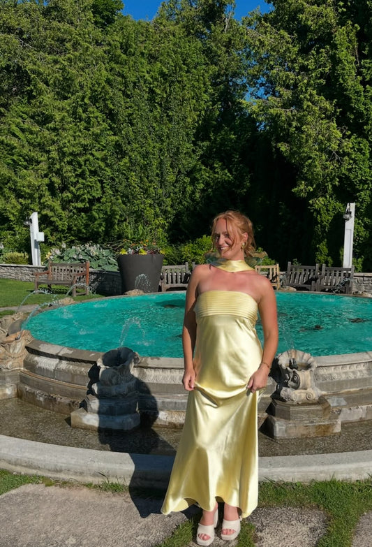Strapless Yellow Satin Prom Dress Simple Wedding Guest Dress J7868