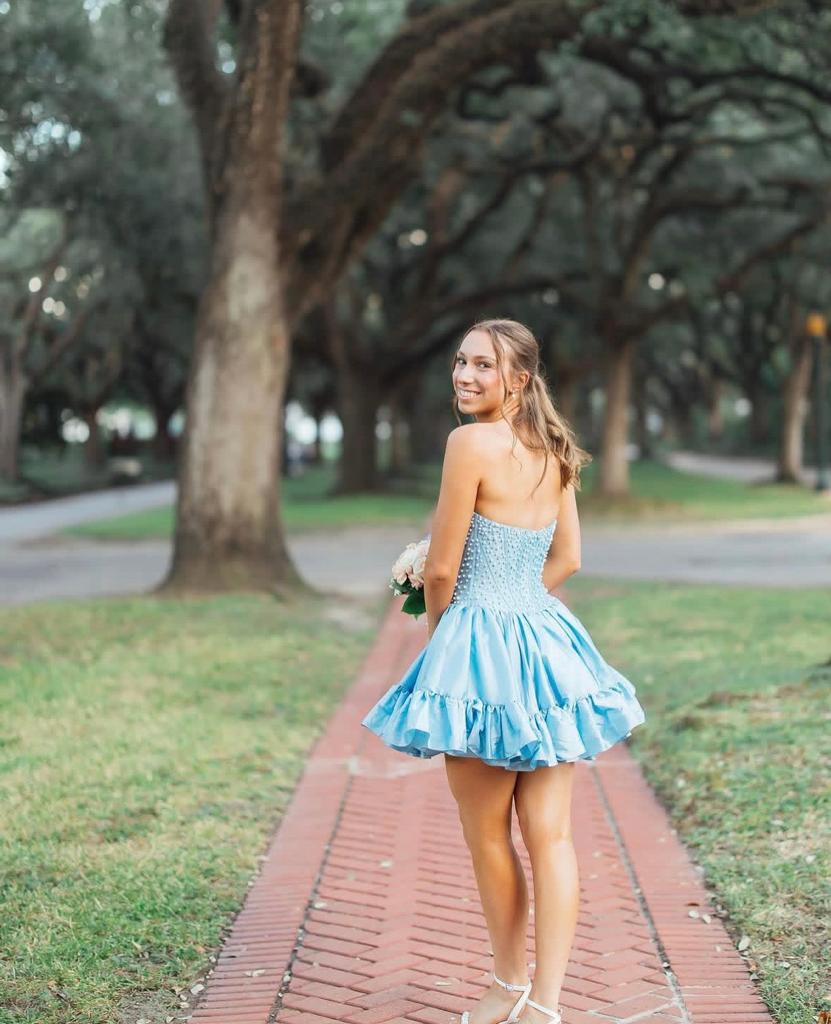 Strapless Blue Satin Homecoming Dress Pearl Beaded Short Dress  J10638