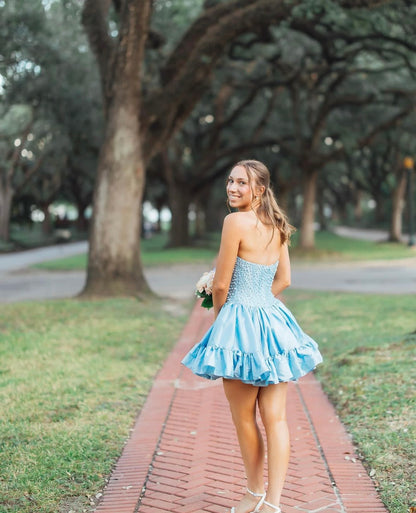Strapless Blue Satin Homecoming Dress Pearl Beaded Short Dress  J10638