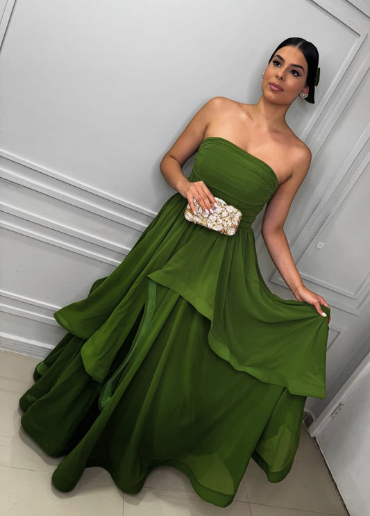 Robe de soirée verte bustier coupe trapèze pour invité de mariage, robe de bal formelle J7179