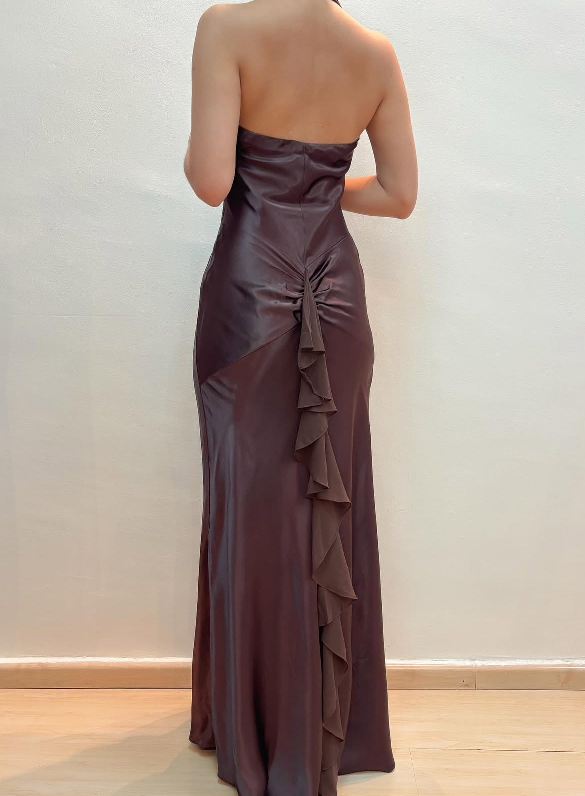 Halter Mermaid Long Prom Dress Brown Vintage Evening Dress J8544