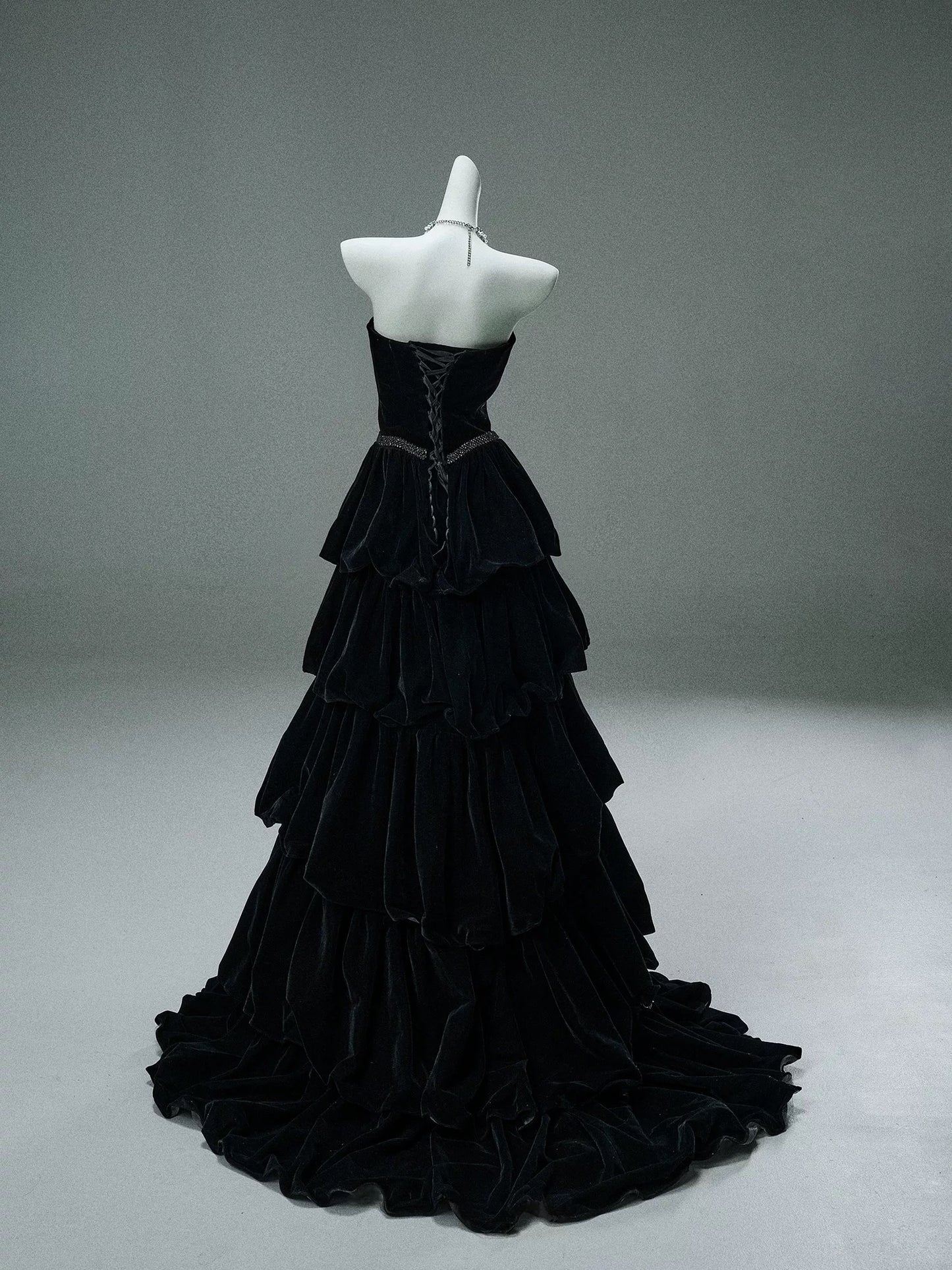 Strapless Black Tiered A Line Long Prom Dresses Velvet Birthday Dress J8435