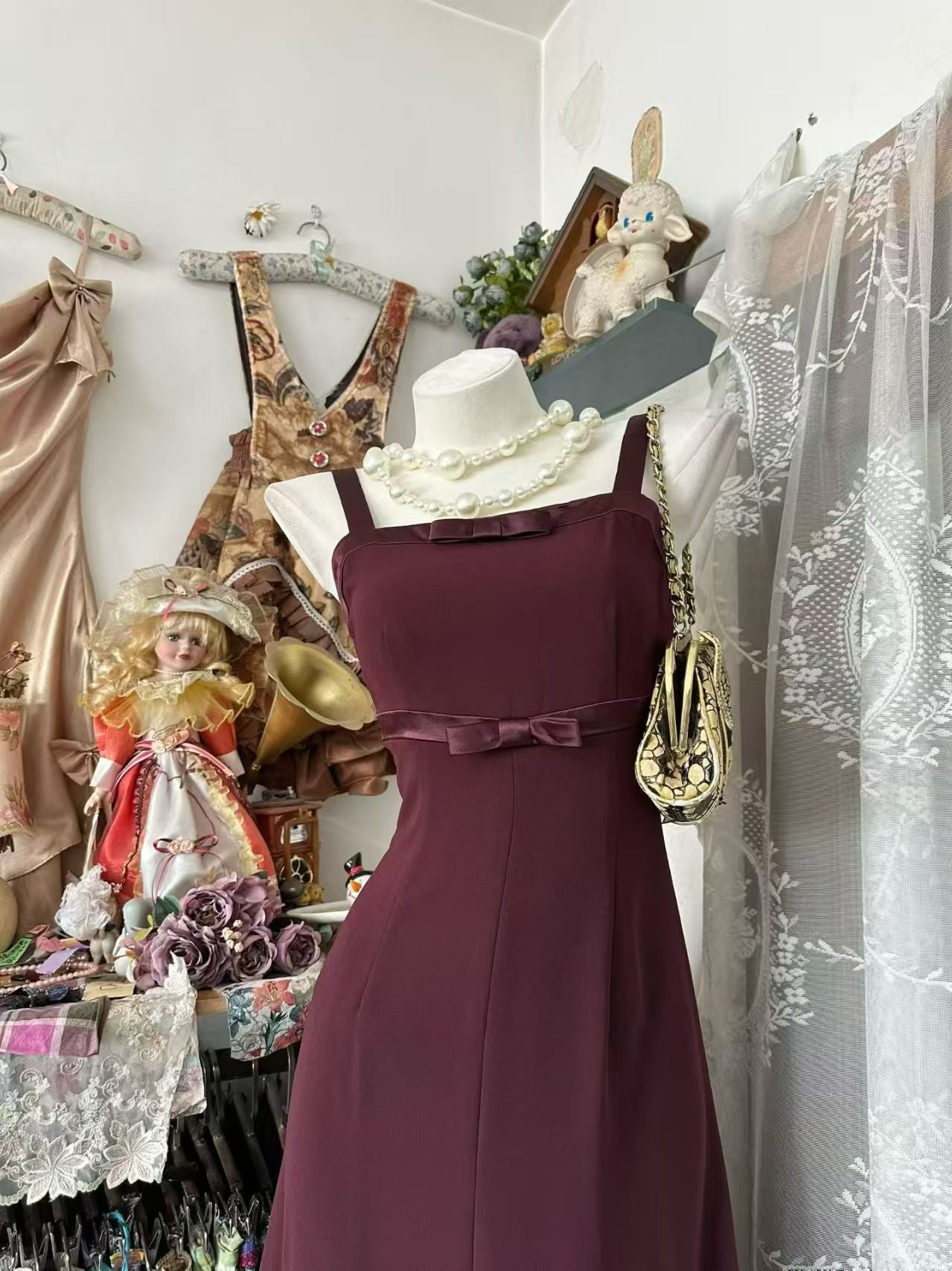 Elegant Burgundy Chiffon Formal Prom Dress Retro Evening Dress J10557