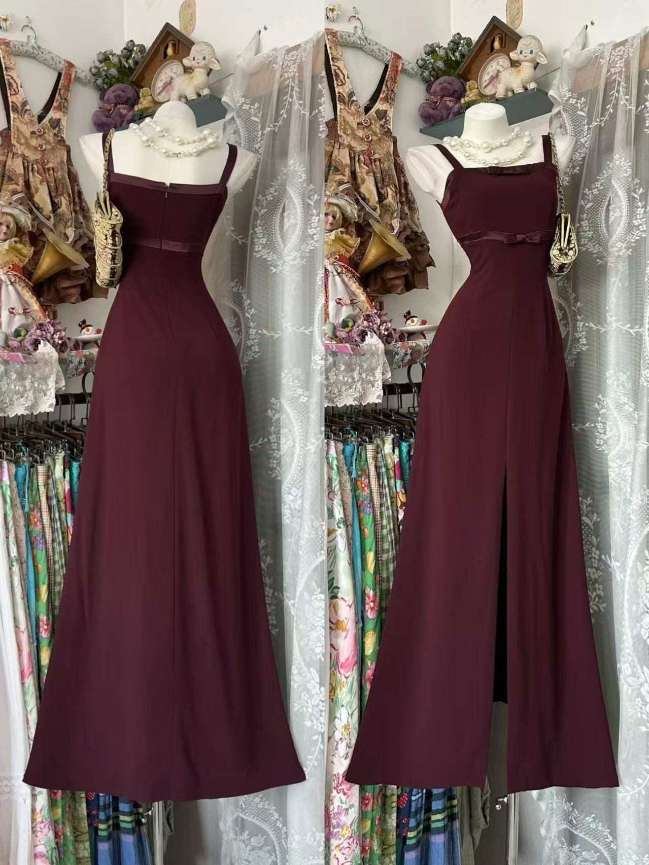 Elegant Burgundy Chiffon Formal Prom Dress Retro Evening Dress J10557