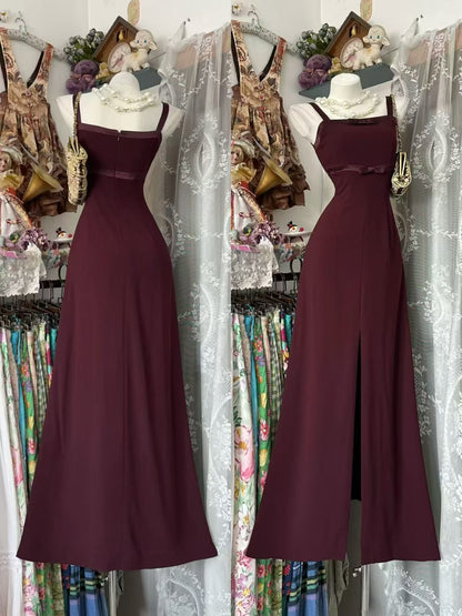 Elegant Burgundy Chiffon Formal Prom Dress Retro Evening Dress J10557