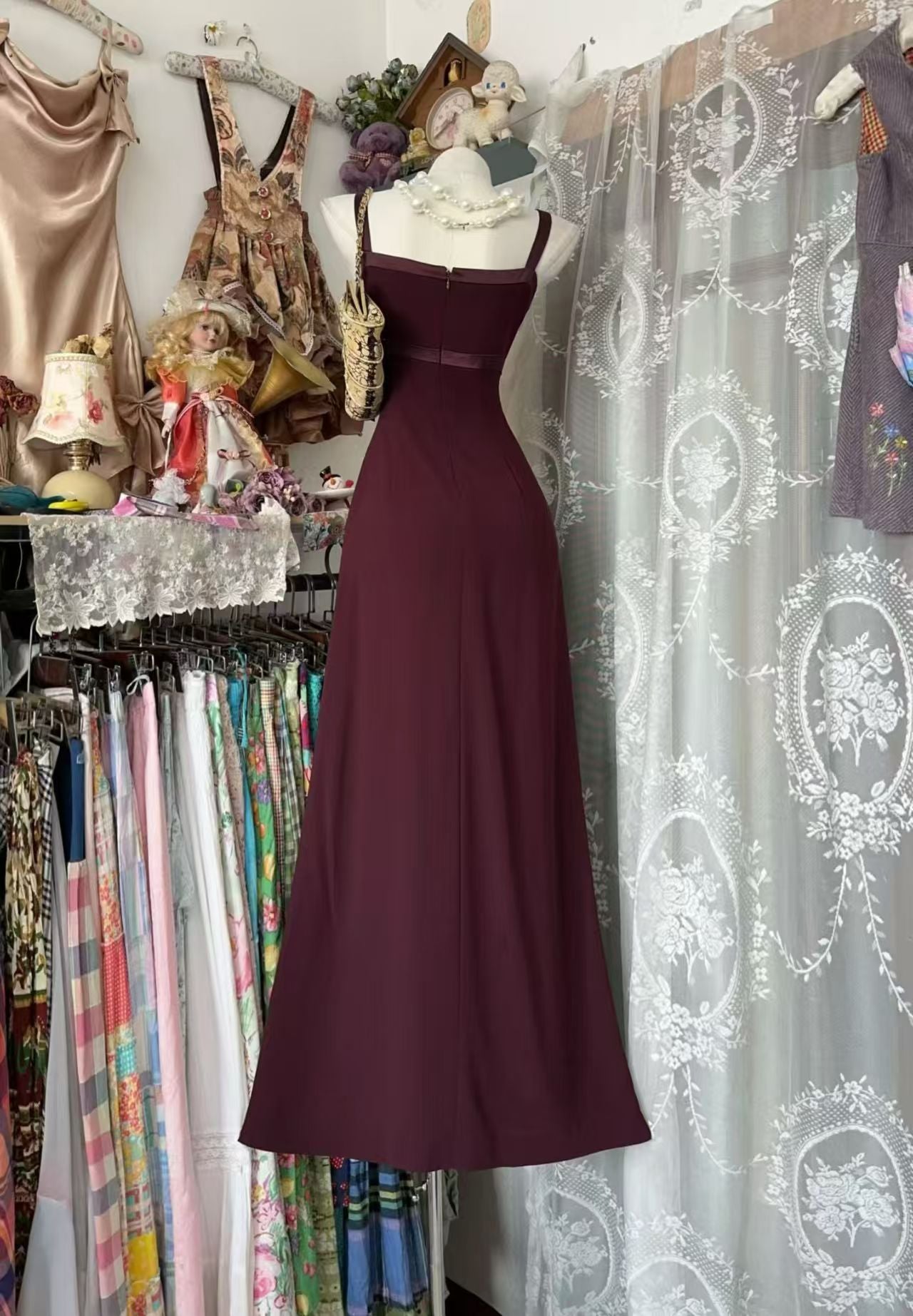 Elegant Burgundy Chiffon Formal Prom Dress Retro Evening Dress J10557
