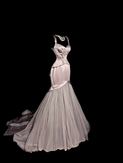 Robe de bal bustier violette en satin avec appliques, robe de soirée formelle J9413