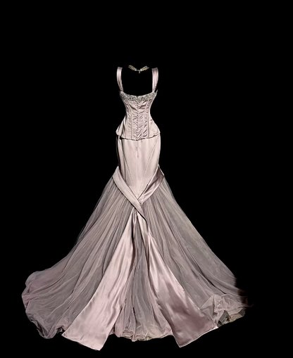 Robe de bal bustier violette en satin avec appliques, robe de soirée formelle J9413
