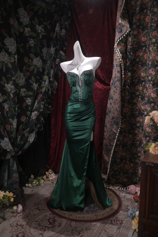 Emerald Green Mermaid Satin Prom Dress Retro Evening Dress With Slit  J10887