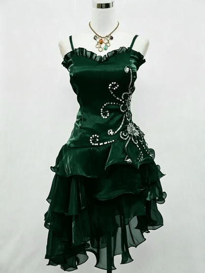 Robe Courte de Bal Noire à Volants, Robe de Soirée Rétro Perlée J3325