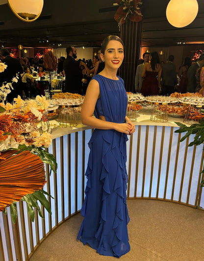 Chiffon Rüschen A-Linie Blau Hochzeitsgastkleid Formelles Partykleid J7197