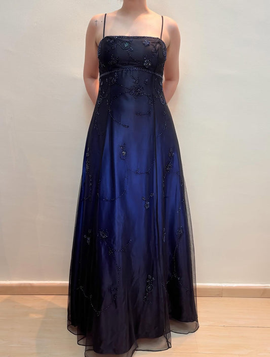 Spaghetti Straps A Line Beaded Blue Vintage Long Prom Dress J8582