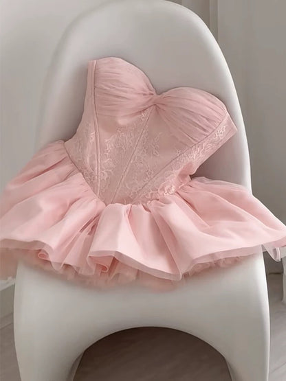 Herzausschnitt Rosa Kurzes Geburtstagskleid A-Linie Spitze Homecoming Kleid J7312