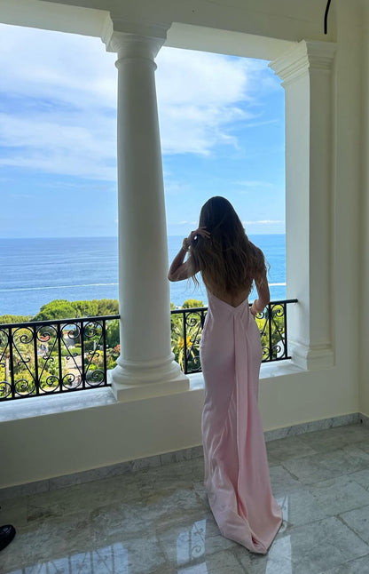 Robe fourreau dos nu pour invitée de mariage, robe de bal rose formelle J7153