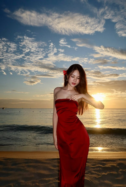 Strapless Sheath Long Prom Dress Satin Red Birthday Dress J8004