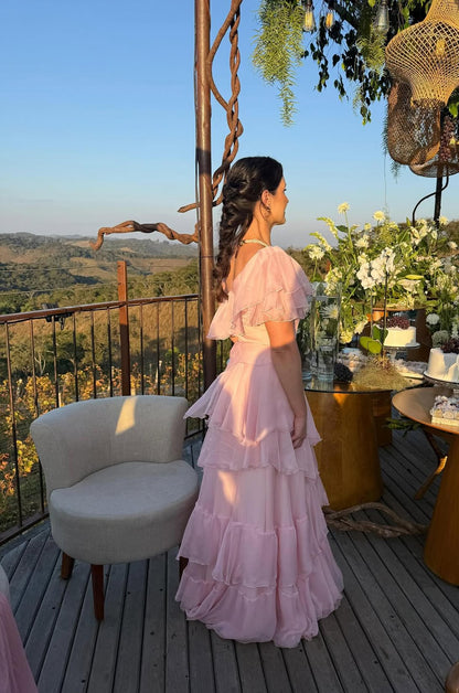 One Shoulder Pink A Line Long Prom Dress Tiered Graduation Dress J8025