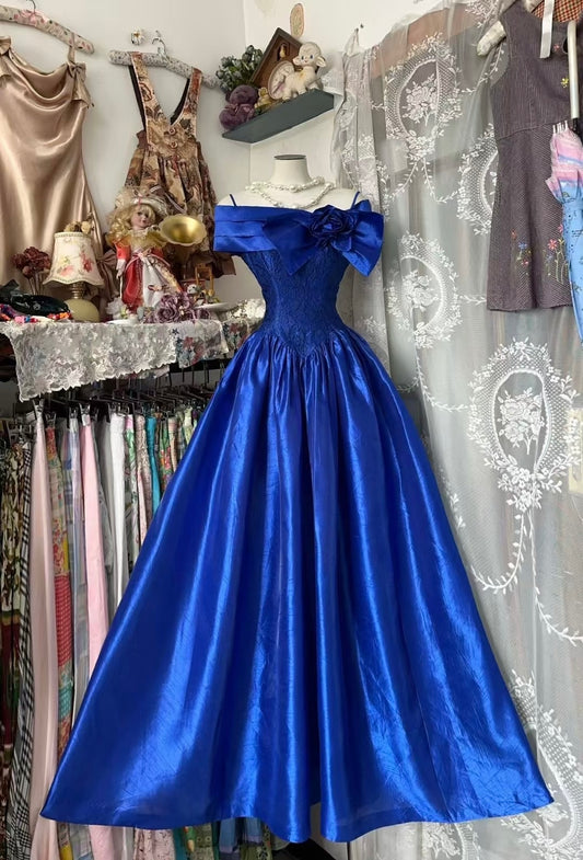 Off The Shoulder Royal Blue Satin Long Prom Dress Evening Party Dress J8877