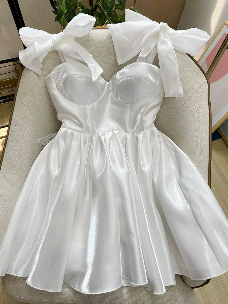 A-Linie, weißes, kurzes Heimkehrkleid, Geburtstagskleid J7308