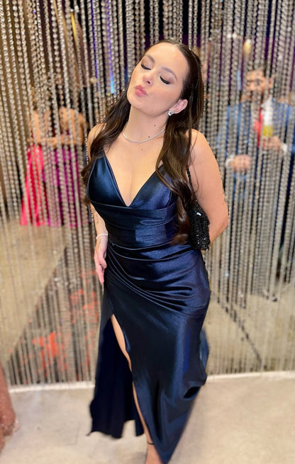 V Neck Navy Blue Long Prom Dress Slit Wedding Guest Dress J7921