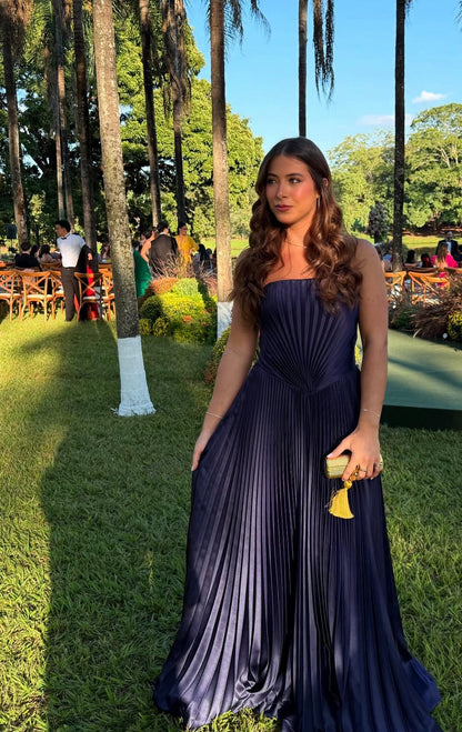 Strapless Navy Blue Pleated Formal Party Dress Wedding Guest Dress J7034
