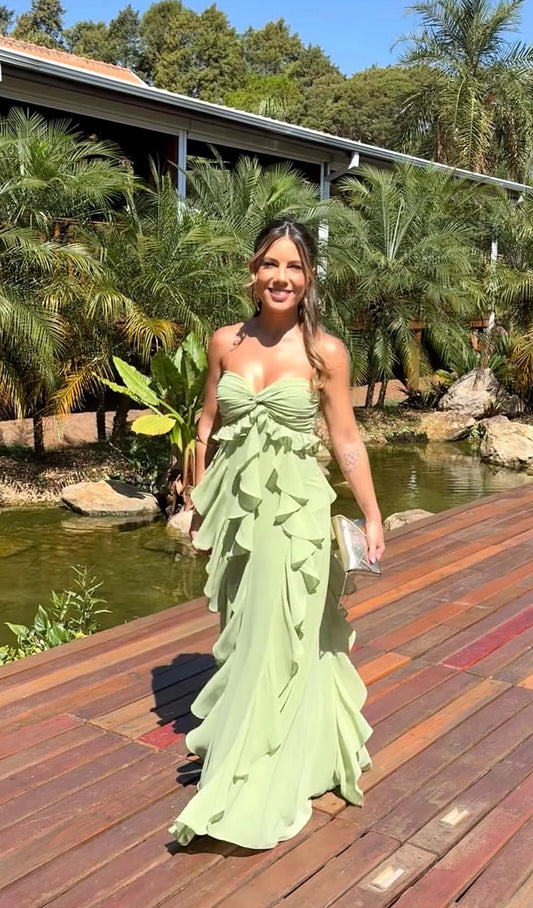 Sweetheart A Line Ruffle Wedding Guest Dress Long Prom Dress J8888