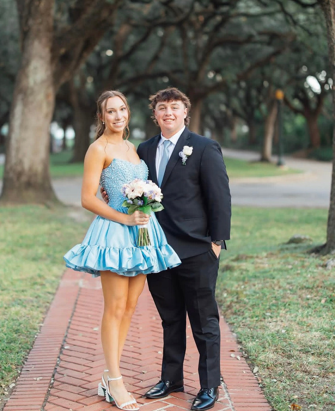Strapless Blue Satin Homecoming Dress Pearl Beaded Short Dress  J10638
